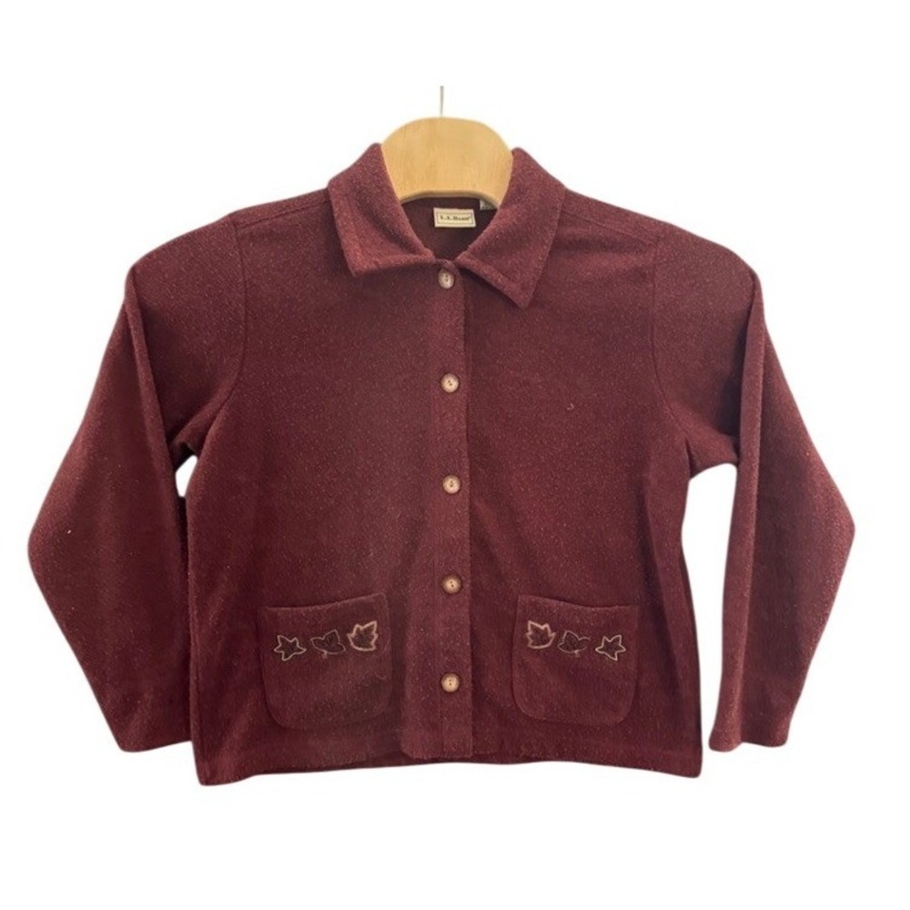 LL Bean Womens Burgundy Fleece Button Front Cardigan Leaf Embroidery Size M - Picture 1 of 6